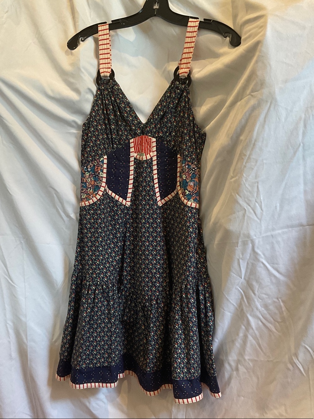 Floral Navy A-Line Sundress with Stripe Accents